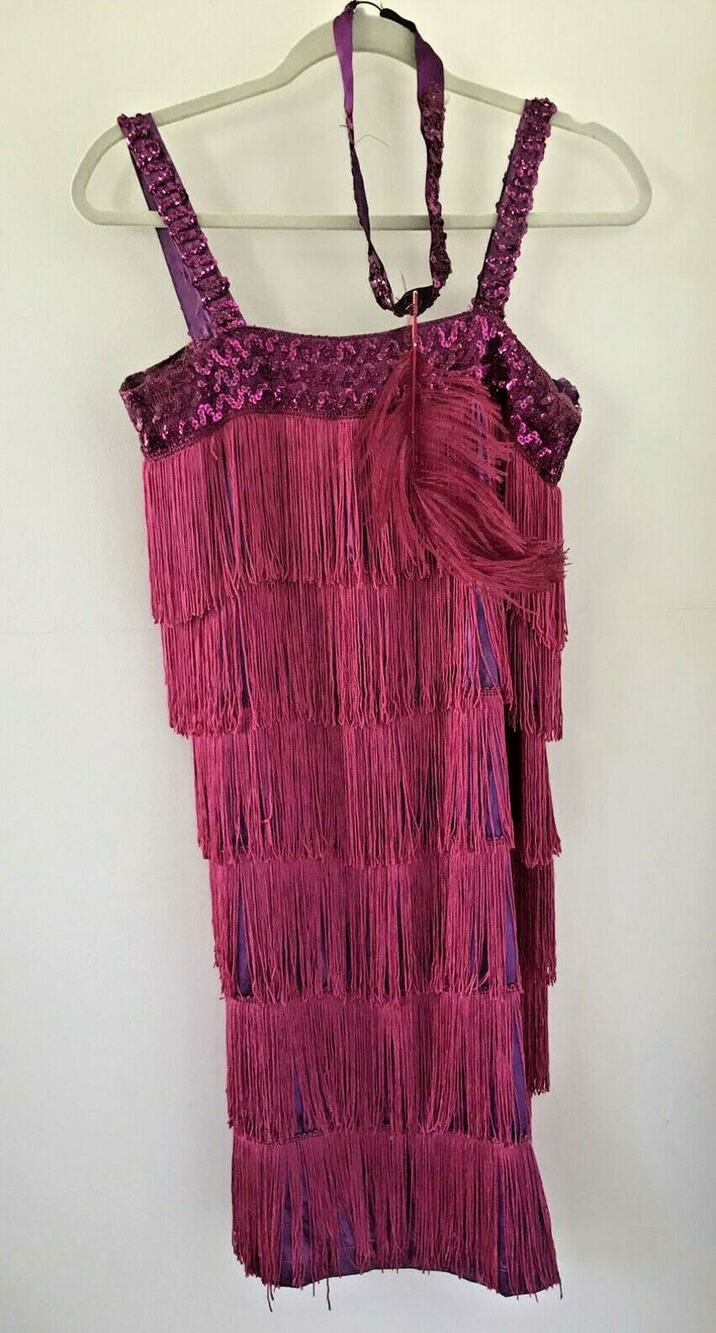 Vtg Purple Pink Sequin Sparkle Flapper Costume Halloween Dress Headband 34" S